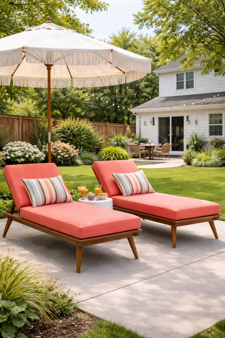 A realistic photo of a typical American home's backyard highlighting two mid-century modern loungers with tapered wood legs and bright coral cushions on a concrete patio.