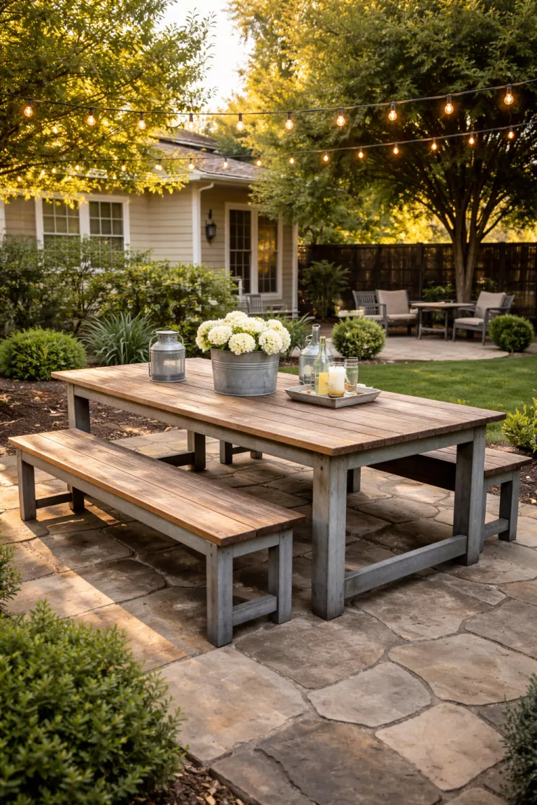 A realistic photo of a typical American home's backyard featuring a long reclaimed wood plank table with matching benches and galvanized metal accents.