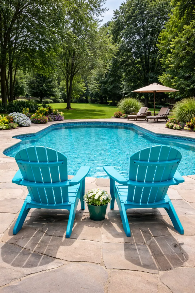 A realistic photo of a typical American home's backyard showing a pair of bright turquoise recycled plastic Adirondack chairs overlooking a swimming pool.