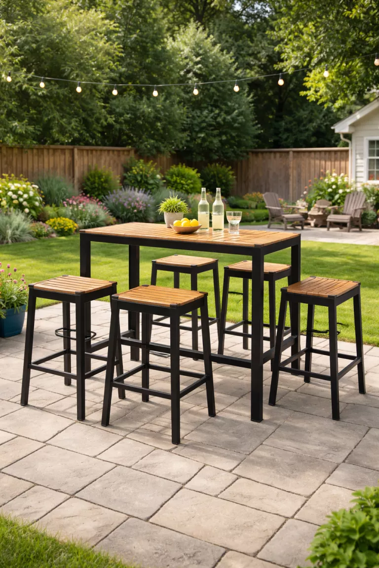 A realistic photo of a typical American home's backyard displaying a high top black metal bar set with four matching stools featuring teak wood accents on the seats.