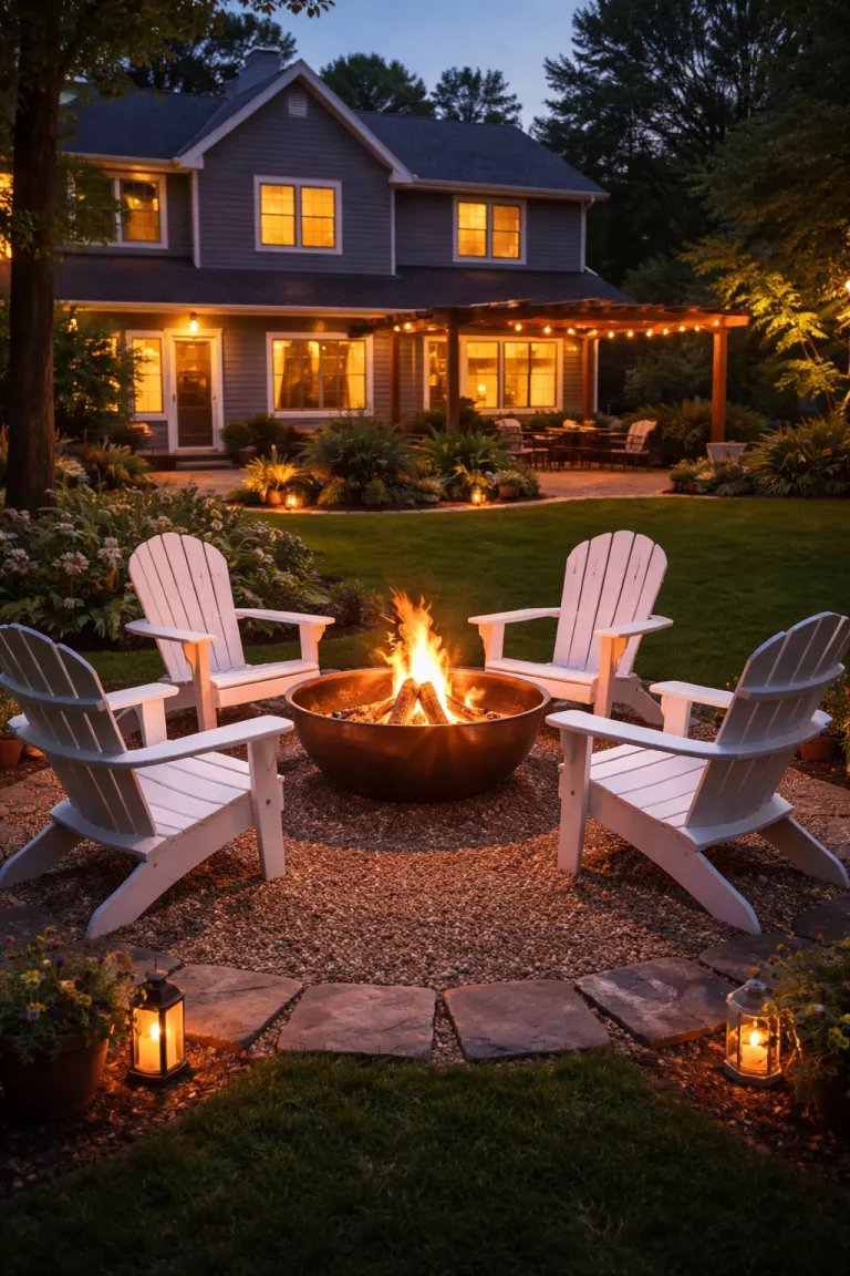 A realistic photo of a typical American home's backyard with a circle of four classic white Adirondack chairs surrounding a glowing copper fire pit at twilight.