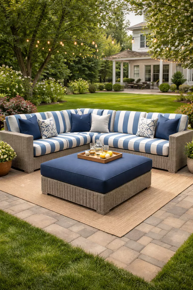 A realistic photo of a typical American home's backyard showcasing a modern outdoor sofa with blue and white cabana striped cushions and a large navy blue ottoman.