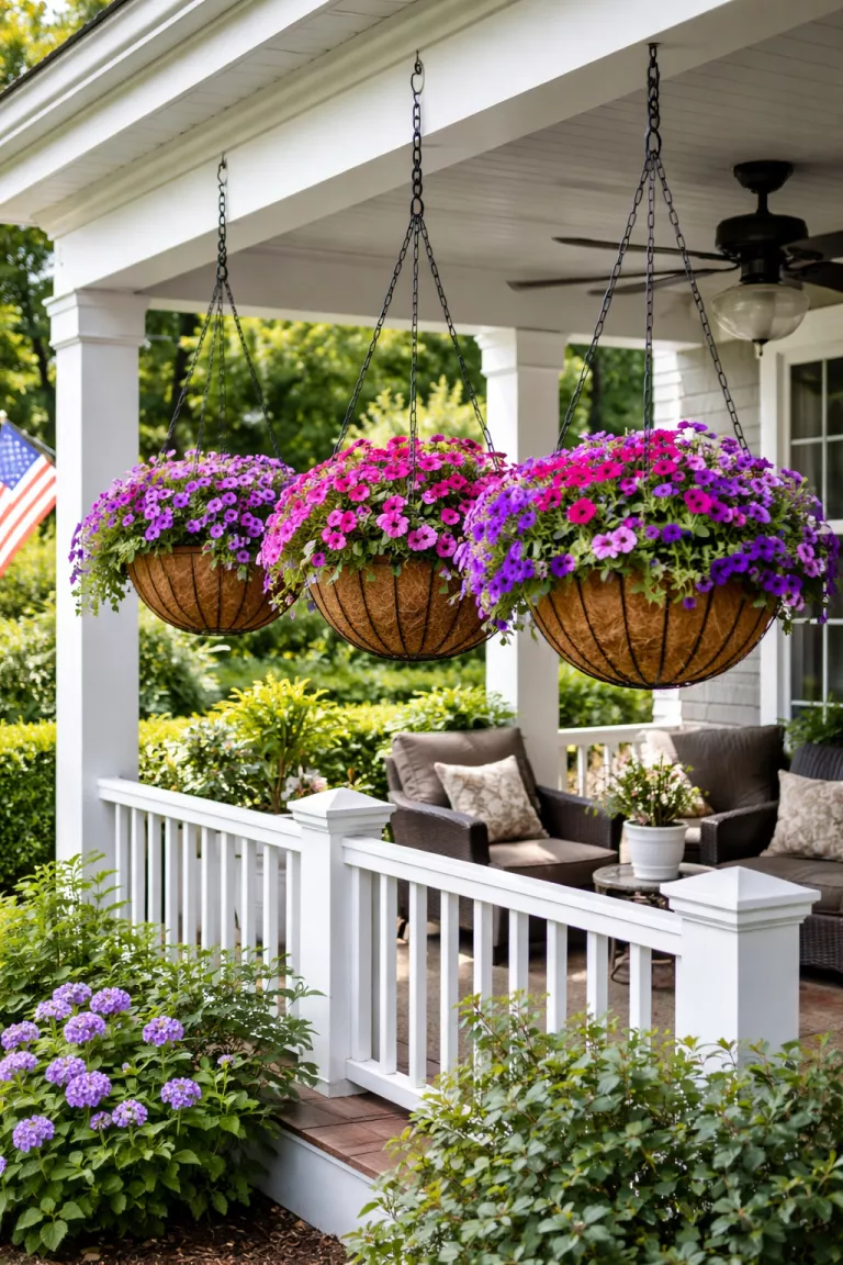 A realistic photo of a typical American home's backyard porch with three black wire hanging baskets featuring brown coconut coir liners overflowing with bright purple and pink flowers.