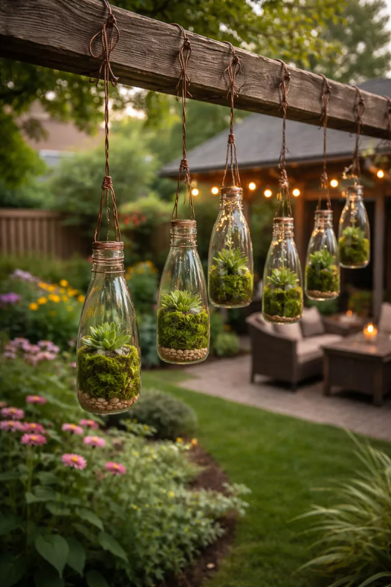 A realistic photo of a typical American home's backyard garden with several clear glass bottles hanging from a wooden beam by copper wire, each containing small green moss and tiny succulents.