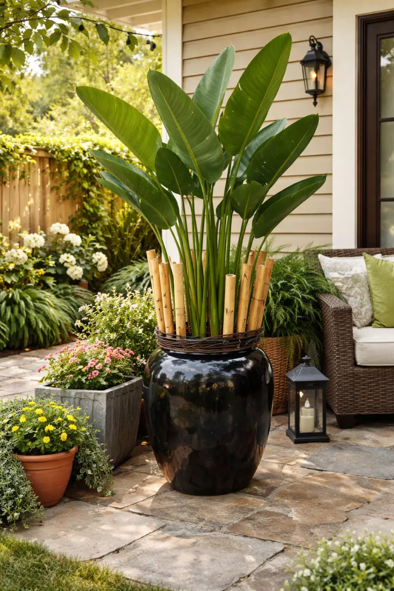 A realistic photo of a typical American home's backyard patio corner featuring a large black ceramic pot surrounded by a bundle of light tan bamboo poles tied with dark brown twine, holding a tall green bird of paradise plant.