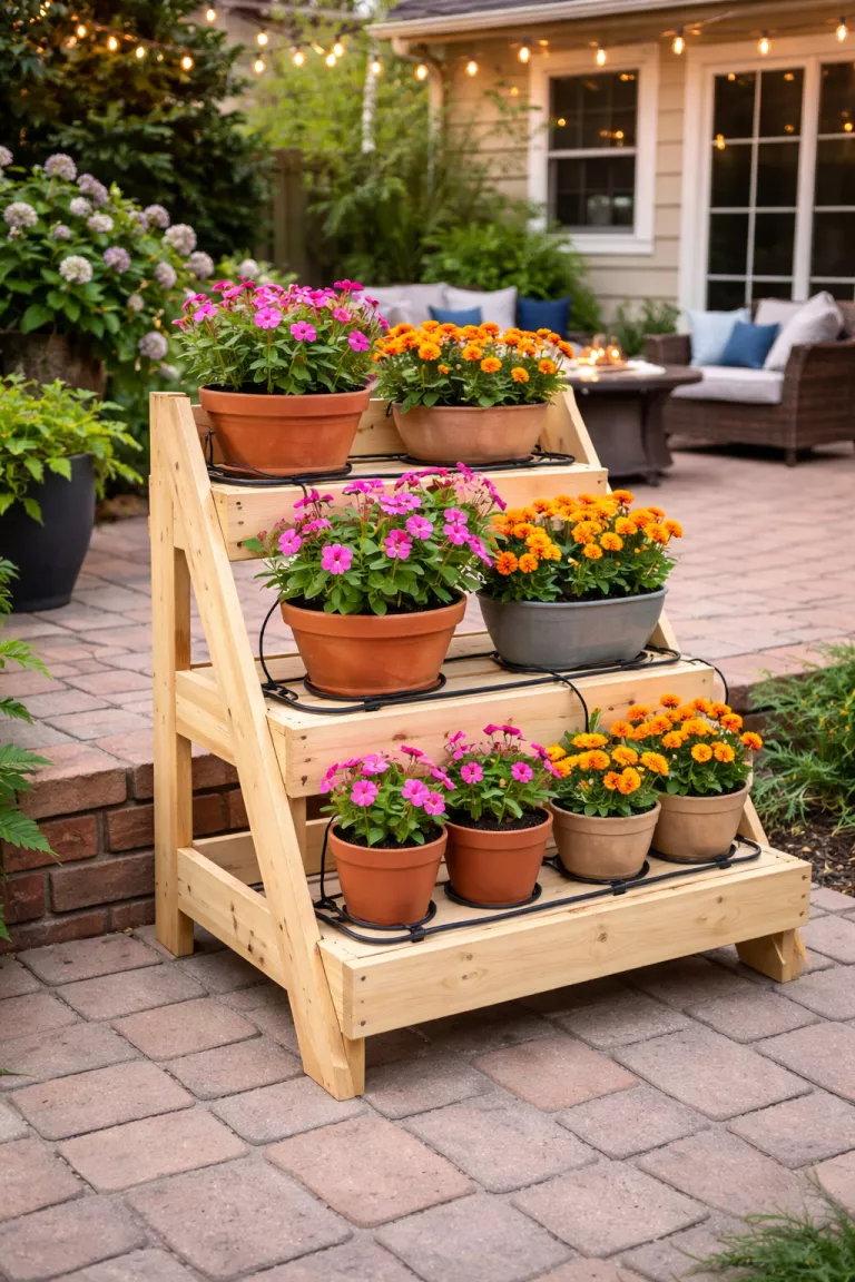 A realistic photo of a typical American home's backyard patio with a three tier ladder stand made of light pine wood crates, displaying various pots of pink periwinkles and orange marigolds with a black drip irrigation line.