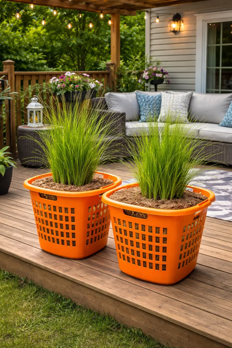 A realistic photo of a typical American home's backyard deck featuring two large bright orange plastic laundry baskets used as planters, lined with brown coconut coir and filled with tall green ornamental grasses.