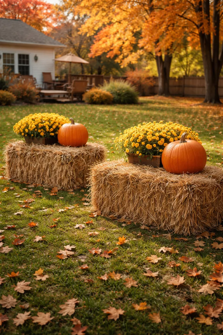 A realistic photo of a typical American home's backyard lawn in autumn with two gold rectangular hay bales used as planters, holding orange pumpkins and yellow chrysanthemums on top.