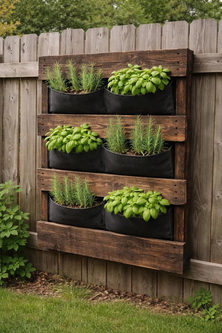 A realistic photo of a typical American home's backyard fence with a dark brown reclaimed wooden pallet planter mounted vertically, featuring small pockets of green basil and rosemary growing out of black fabric liners.