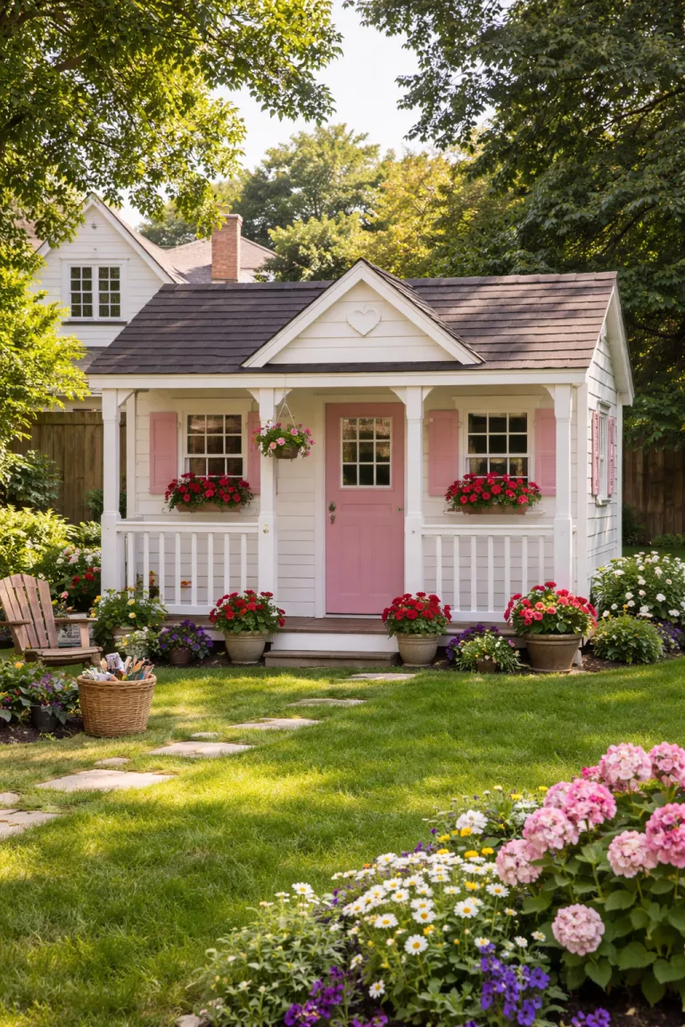 A realistic photo of a traditional American home's backyard showcasing a classic white Wendy house with pink shutters, a small front porch with decorative railings, and several flower pots filled with red geraniums on the windowsills.