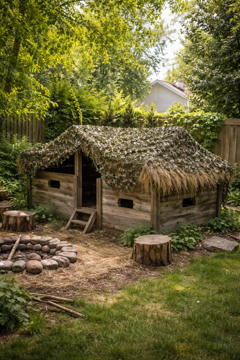 A realistic photo of a traditional American home's backyard featuring a low profile wooden fort partially hidden by camouflage netting, with small peepholes in the walls and a thatched roof made of dried reeds.