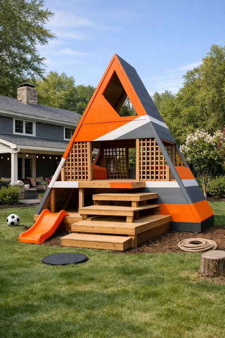 A realistic photo of a traditional American home's backyard with a modern triangular playhouse featuring tiered wooden platforms, open lattice walls, and a bold orange and grey geometric paint scheme.