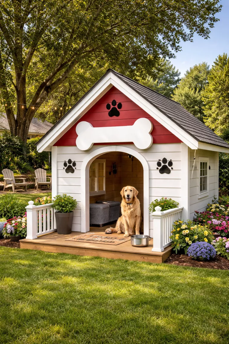 A realistic photo of a traditional American home's backyard showing a playhouse designed like a giant doghouse with a bone shaped door, paw print cutouts on the siding, and a small porch for a family pet.