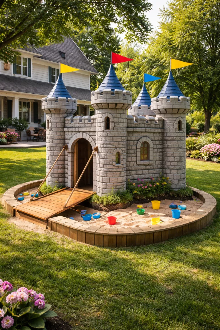 A realistic photo of a traditional American home's backyard with a grey stone textured castle playhouse featuring turreted corners, a functioning wooden drawbridge, colorful flags flying from the peaks, and a sandbox moat surrounding the base.