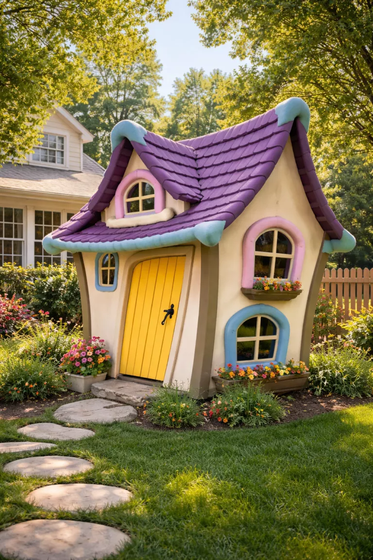 A realistic photo of a traditional American home's backyard showcasing a whimsical playhouse with an uneven purple roof, a slanted yellow door, and rounded window frames with soft foam protective edges.