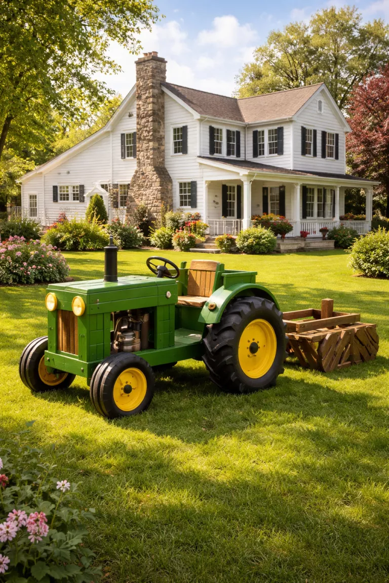 A realistic photo of a traditional American home's backyard featuring a green wooden tractor playhouse with large rear wheels, a small steering wheel, and a wooden plow attachment hitched to the back.