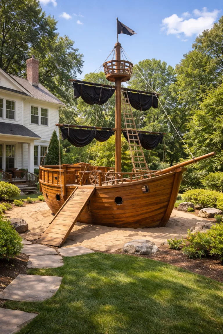 A realistic photo of a traditional American home's backyard including a large wooden pirate ship playhouse with a curved hull, a tall mast with black fabric sails, a rope ladder leading to a crow's nest, and a sturdy plank walkway.