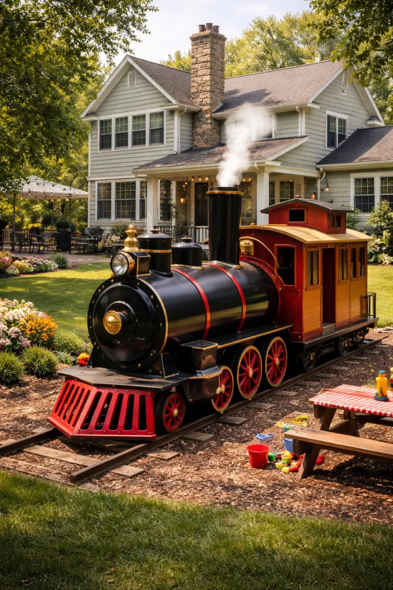 A realistic photo of a traditional American home's backyard showcasing a black and red steam engine playhouse with a cylindrical boiler, a small smokestack, and a wooden caboose attached to the rear.