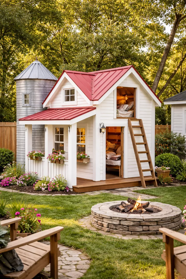 A realistic photo of a traditional American home's backyard with a white shiplap farmhouse playhouse, a red barn style roof, a small silo attached to one side, and a ladder leading to an interior sleeping loft.