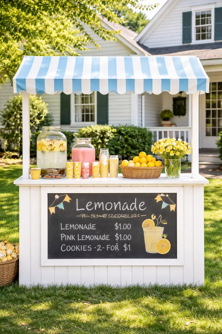 A realistic photo of a traditional American home's backyard featuring a white wooden lemonade stand with a blue and white striped fabric awning, a chalkboard menu, and a wide serving counter.