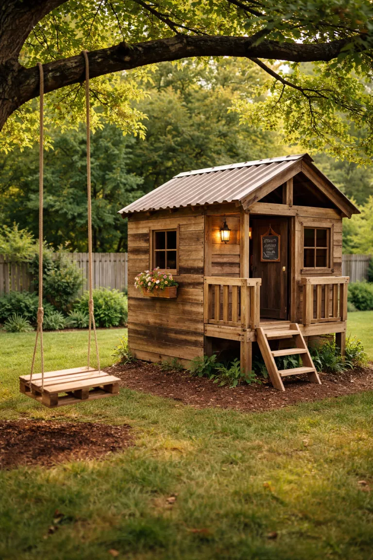A realistic photo of a traditional American home's backyard featuring a rustic playhouse built from reclaimed wooden pallets, showing varied wood tones, a slanted corrugated tin roof, and a small pallet swing hanging from a nearby branch.
