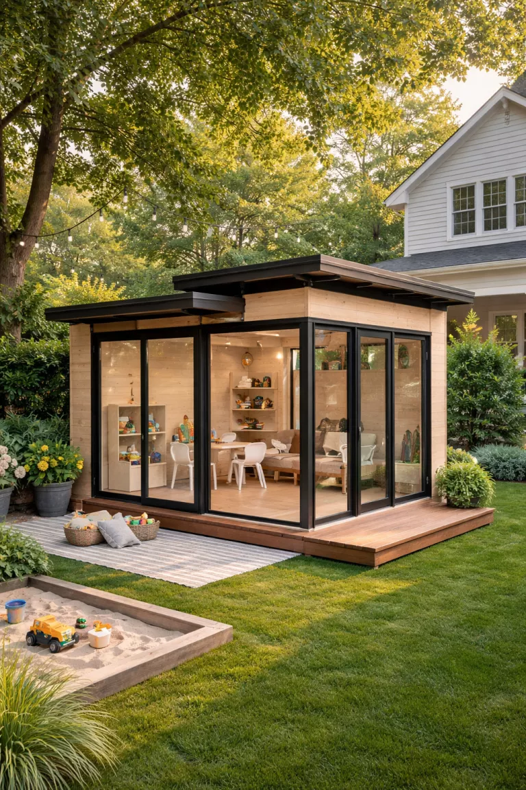 A realistic photo of a traditional American home's backyard featuring a sleek modern playhouse with flat roofs, floor to ceiling plexiglass windows, black metal frames, and light colored natural wood siding.