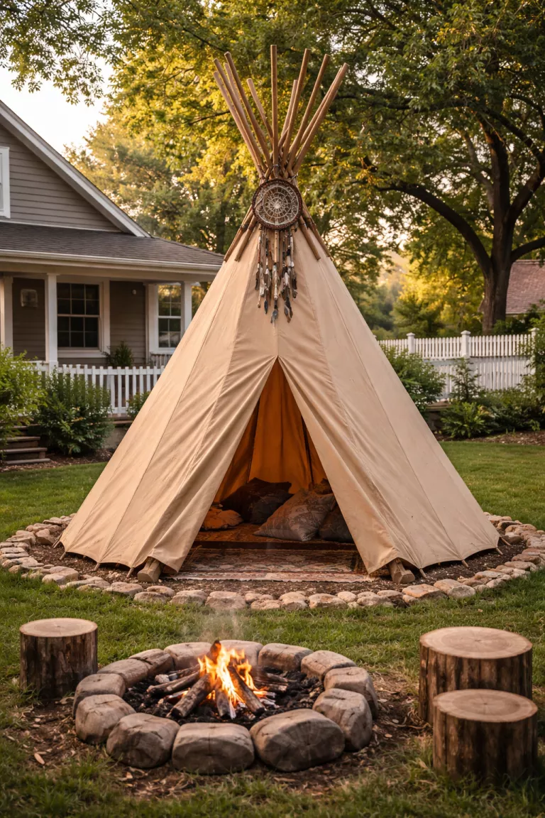 A realistic photo of a traditional American home's backyard showing a tall wooden pole teepee with a weather resistant tan canvas cover, a triangular door opening, and a decorative dreamcatcher hanging from the top cross section.