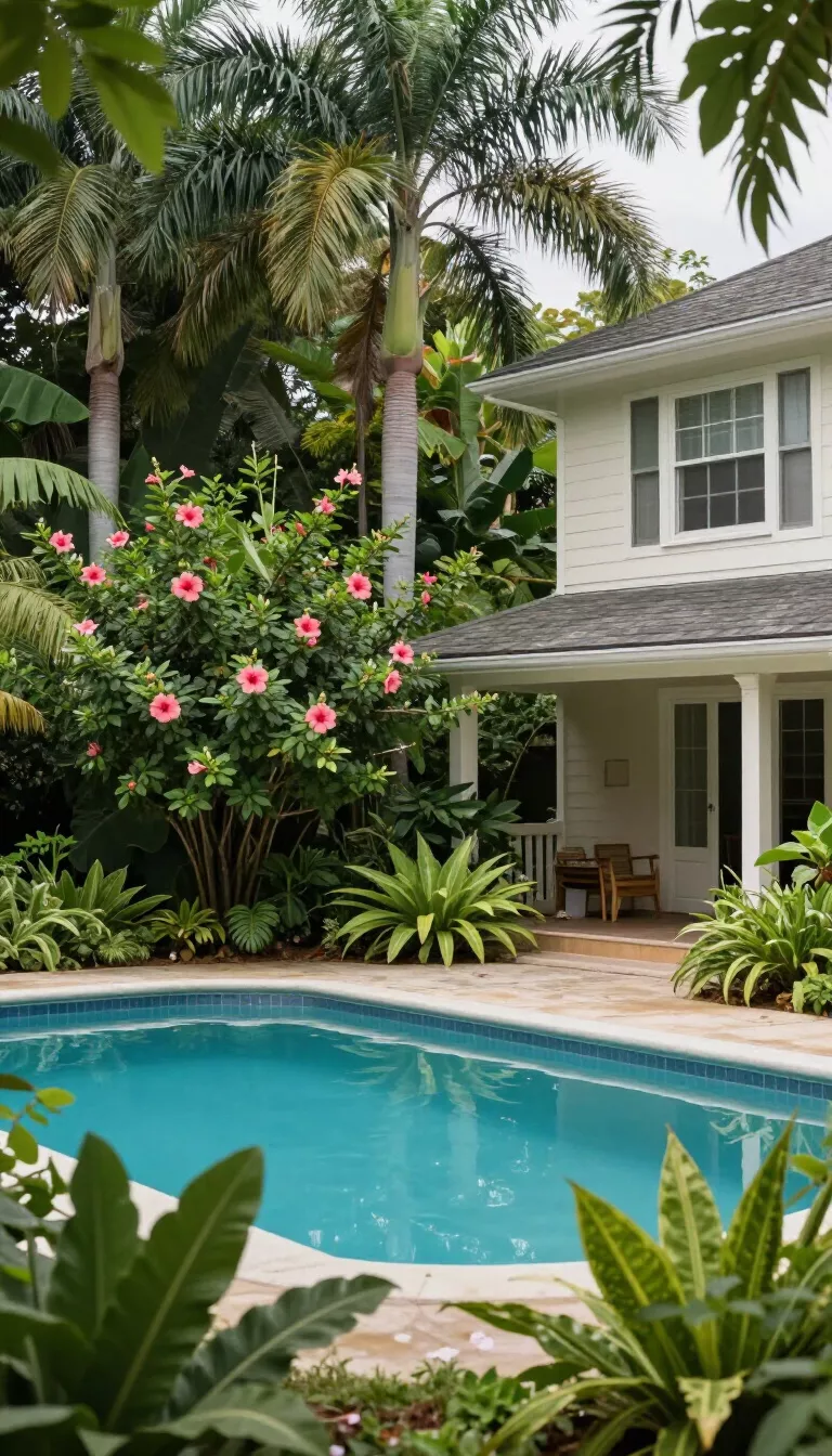A realistic photo of a traditional American home's backyard pool bordered by dense tropical greenery including tall palm trees, vibrant hibiscus flowers, and broad leaf ferns, creating a private and shady sanctuary for swimmers.