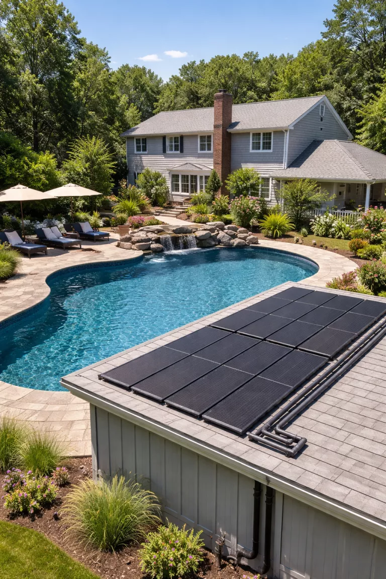 A realistic photo of a traditional American home's backyard pool with a series of black solar heating panels discreetly mounted on a nearby flat roof, connected by pipes to the pool system.