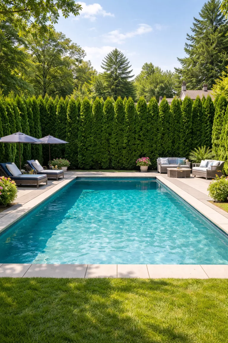 A realistic photo of a traditional American home's backyard pool bordered by a tall, perfectly manicured evergreen hedge that provides a solid green wall of privacy from neighboring houses.