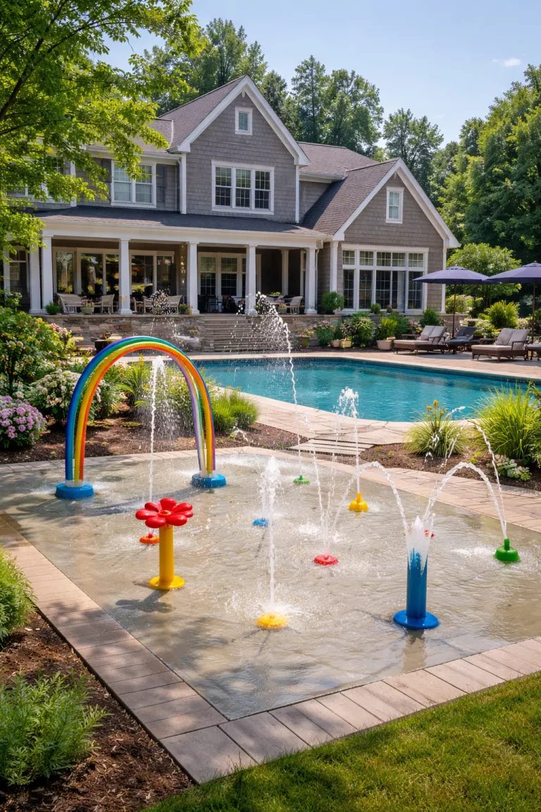 A realistic photo of a traditional American home's backyard showing a shallow concrete splash pad with colorful fountain nozzles spraying water into the air, located safely next to a larger swimming pool.