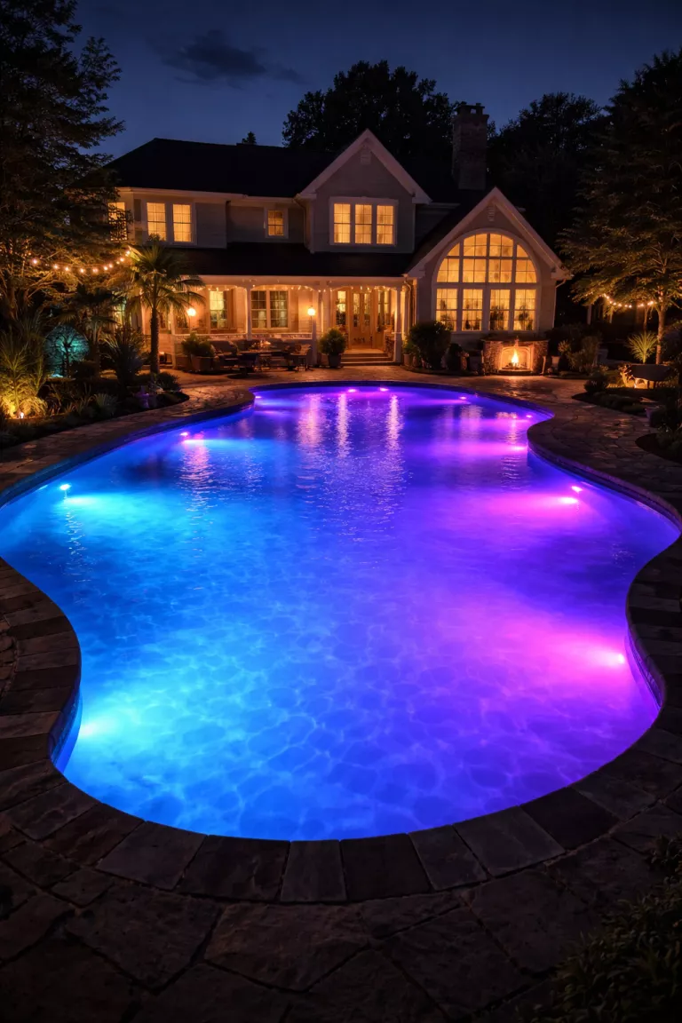 A realistic photo of a traditional American home's backyard pool at night glowing with vibrant blue and purple underwater LED lights, illuminating the entire pool floor and creating a magical atmosphere.