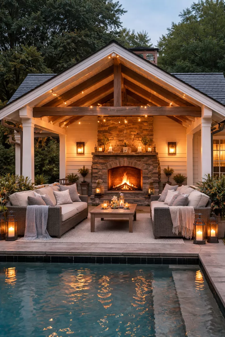 A realistic photo of a traditional American home's backyard featuring a pool house with a large stone wood burning fireplace, comfortable outdoor sofas with throw blankets, and warm ambient lighting from overhead beams.