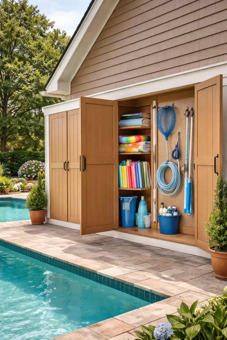 A realistic photo of a traditional American home's backyard showing a wall of hidden wooden cabinets designed to store pool floats and cleaning gear, with a tidy pegboard organization system inside one of the open doors.