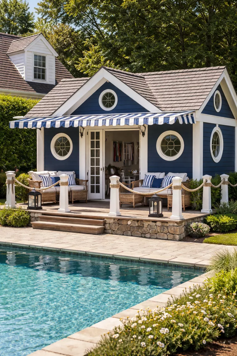 A realistic photo of a traditional American home's backyard showing a nautical pool house with navy blue and white striped accents, round porthole windows, and thick rope railings around a weathered wood porch.