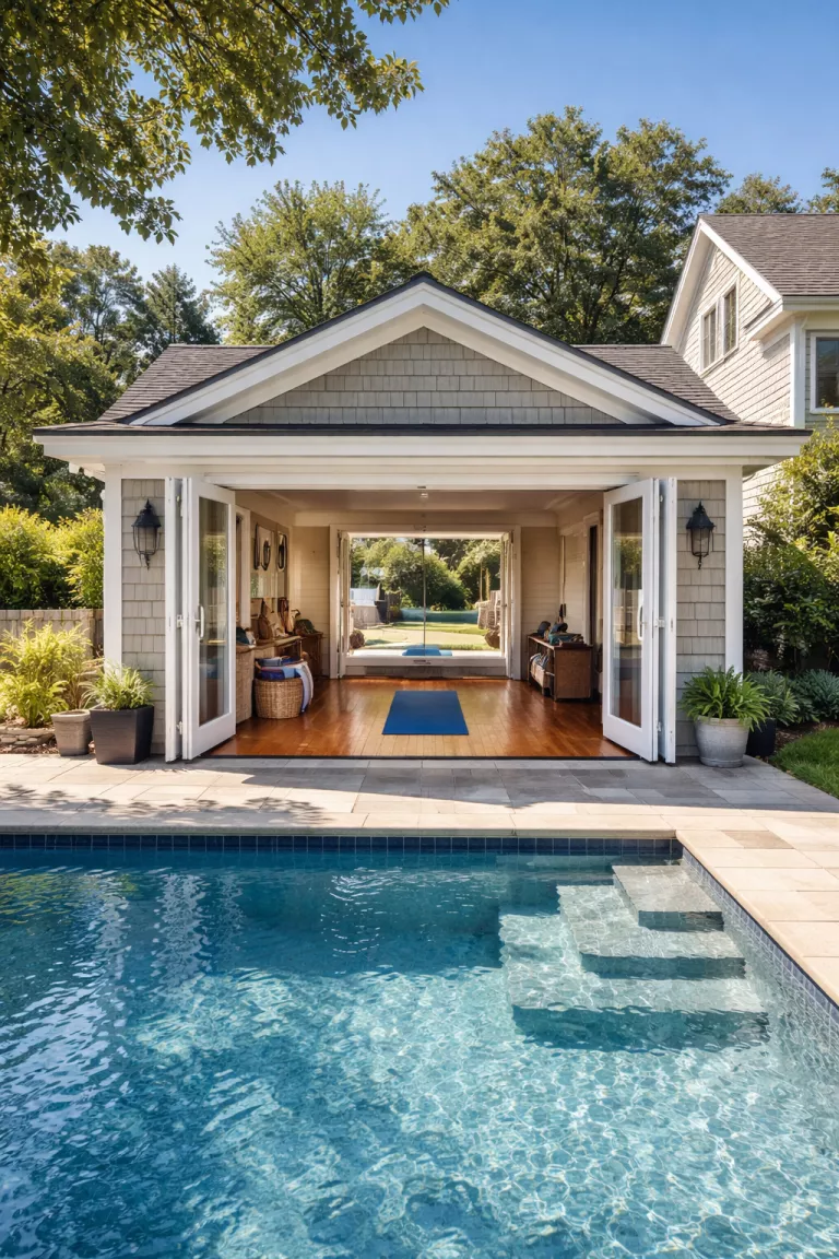 A realistic photo of a traditional American home's backyard showing a versatile pool house with a yoga mat on a polished wood floor, a wall of mirrors, and foldable doors that open the entire room to the poolside deck.