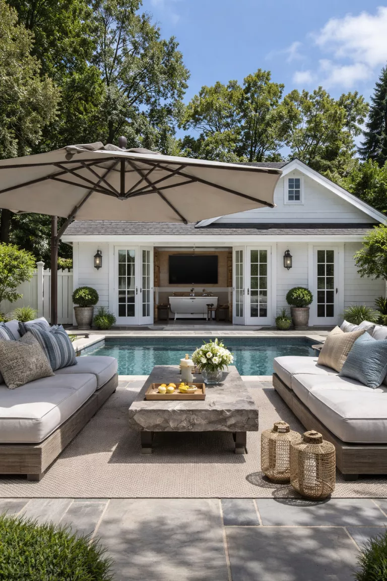 A realistic photo of a traditional American home's backyard featuring a dedicated lounge area pool house with thick upholstered daybeds, a high quality sound system, and a large cantilever umbrella providing deep shade over a low coffee table.