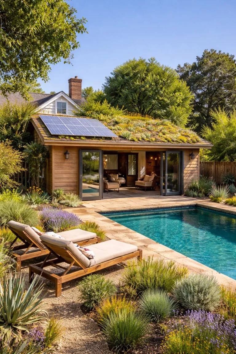 A realistic photo of a traditional American home's backyard showing a sustainable pool house with a living green roof, solar panels on one side, and reclaimed wood siding accented by native drought resistant plants.