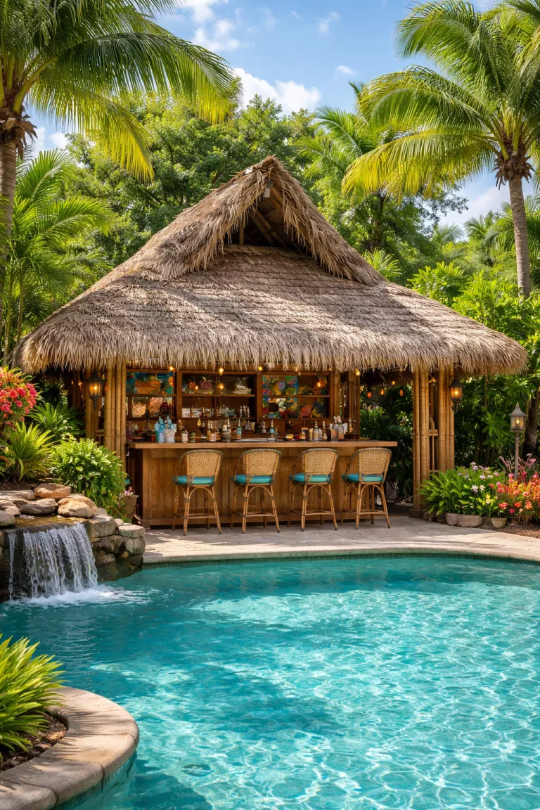 A realistic photo of a traditional American home's backyard with a tropical pool house featuring a steep thatched roof, bamboo wall panels, vibrant palm trees, and a colorful tiki bar with woven bar stools.