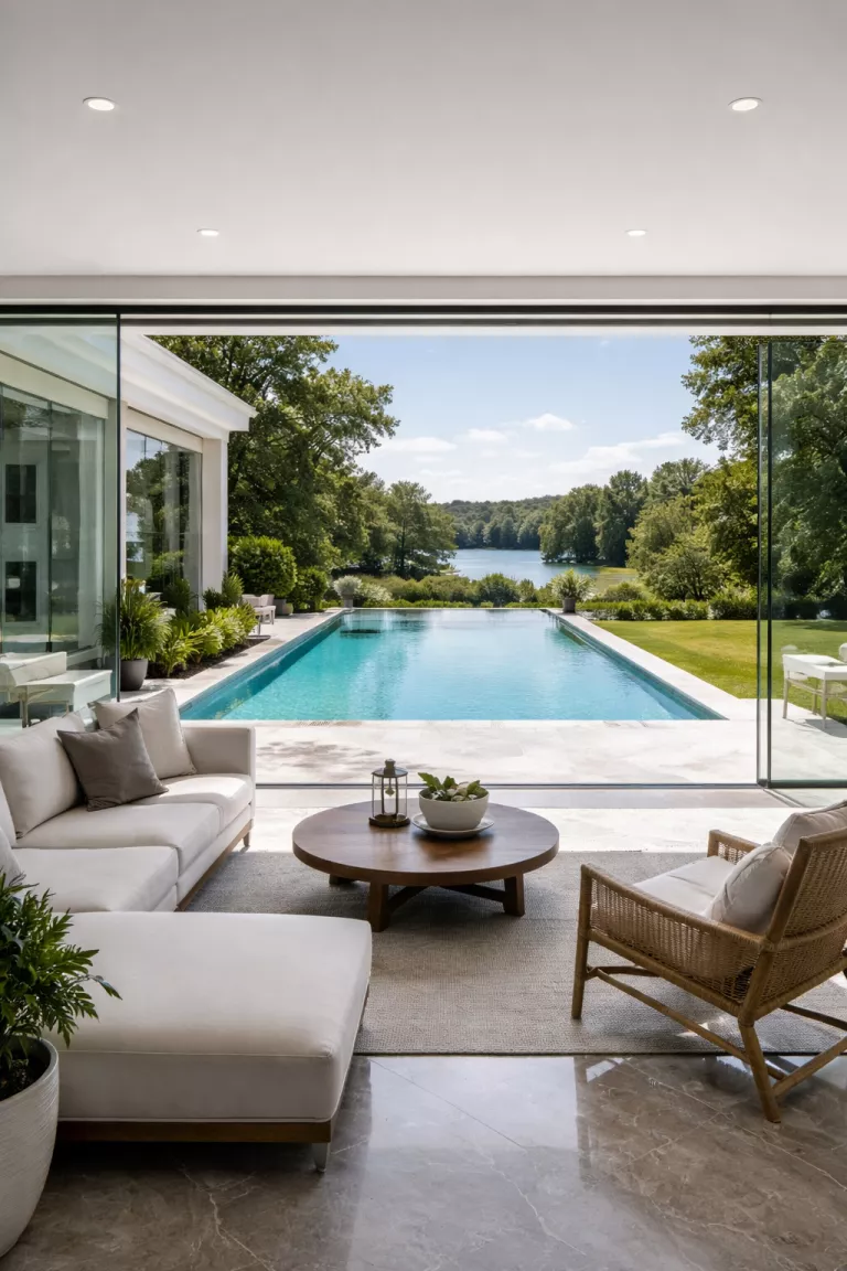 A realistic photo of a traditional American home's backyard featuring a frameless glass pool house that offers an unobstructed view of an infinity edge pool, with minimalist interior furniture and polished stone flooring.