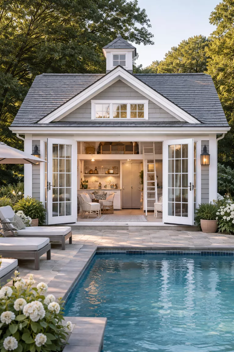 A realistic photo of a traditional American home's backyard featuring a pool house with a lofted sleeping area, a small kitchenette, and a modern bathroom, visible through large glass French doors.