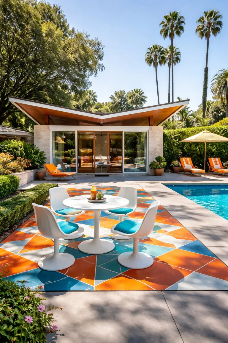 A realistic photo of a traditional American home's backyard featuring a midcentury modern pool house with a slanted butterfly roof, bright orange and blue geometric floor tiles, and iconic white tulip chairs.