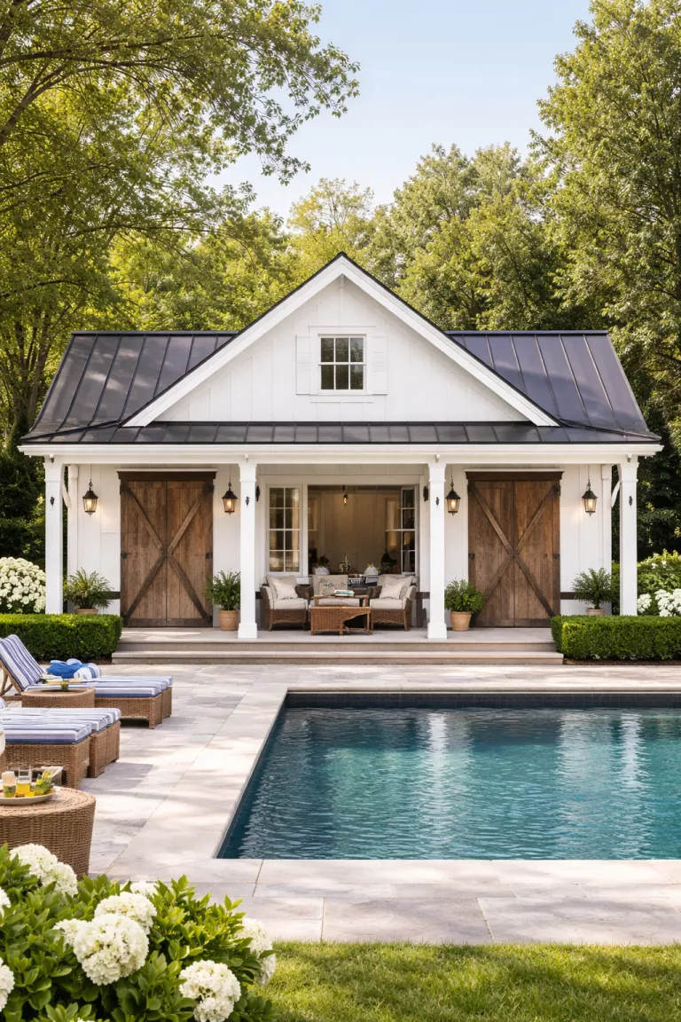 A realistic photo of a traditional American home's backyard showing a farmhouse style pool house with white shiplap siding, a black metal roof, sliding barn doors, and vintage black lanterns hanging over a wide porch.