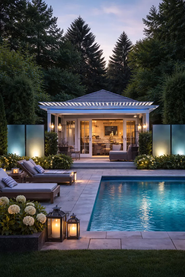 A realistic photo of a traditional American home's backyard featuring a pool house hidden behind tall evergreen hedges and frosted glass panels, with a louvered roof and soft blue accent lighting.