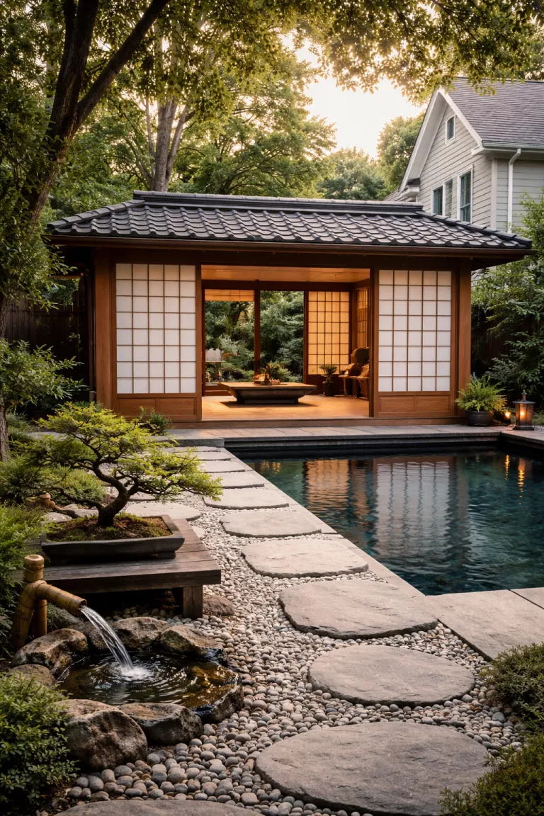 A realistic photo of a traditional American home's backyard showing a Japanese inspired Zen pool house with sliding shoji screens, a pebble floor entryway, a small bonsai tree on a low table, and a trickling water feature.