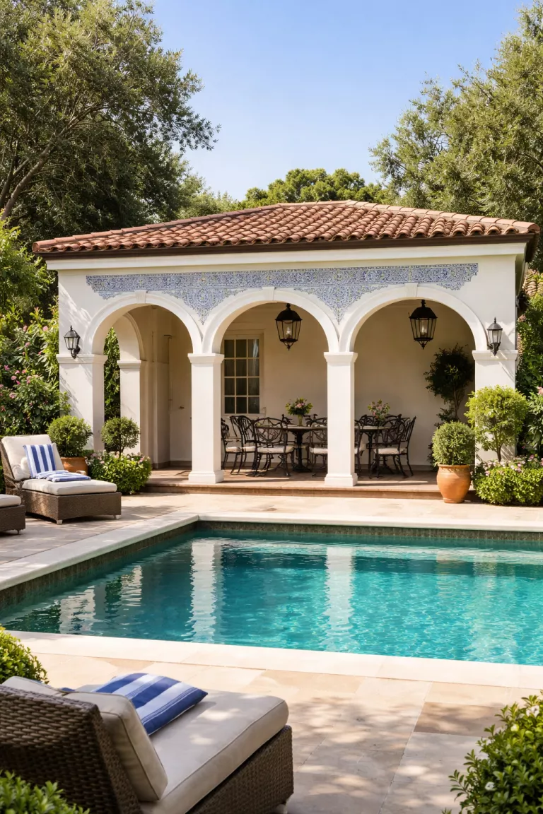A realistic photo of a traditional American home's backyard featuring a white stucco pool house with arched entryways, red terracotta roof tiles, intricate blue mosaic patterns, and a shaded loggia with a wrought iron dining set.