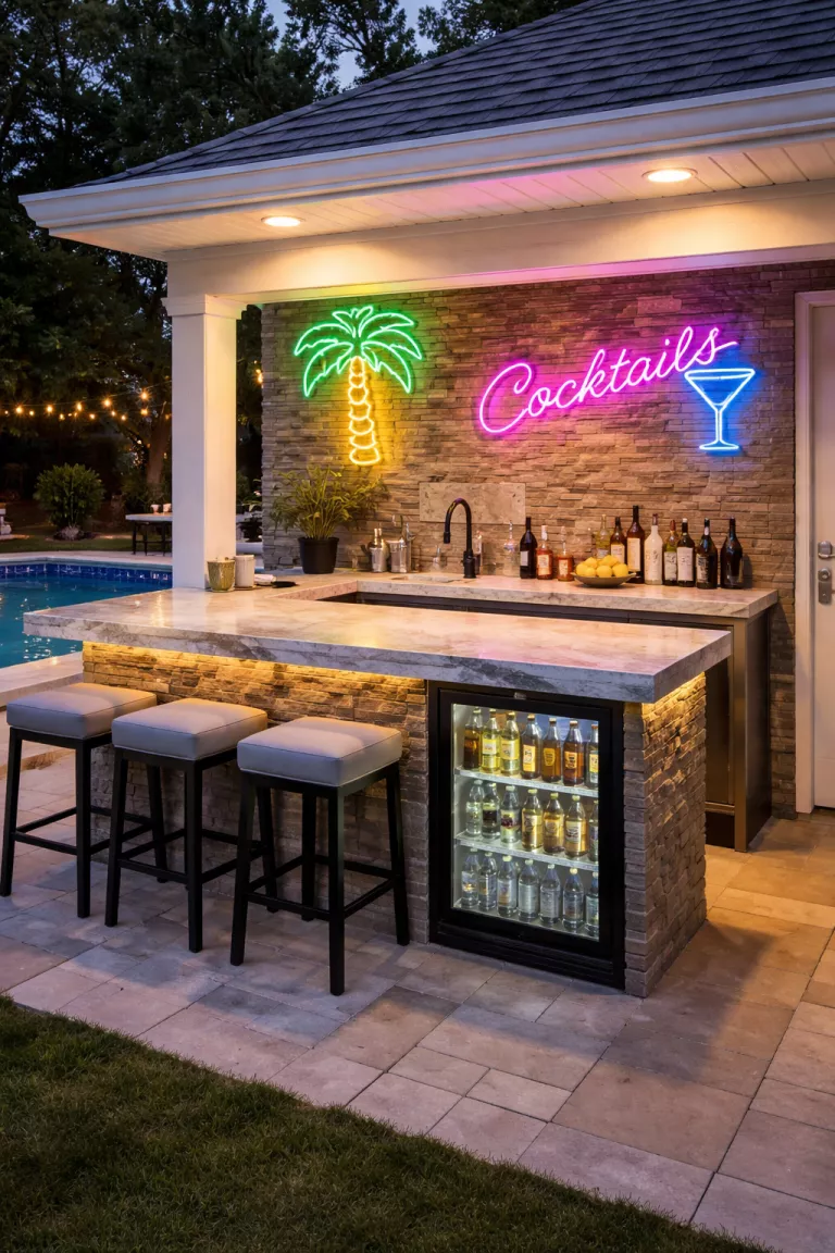 A realistic photo of a traditional American home's backyard showing a compact poolside wet bar with a waterfall edge counter, a glass door beverage cooler, and neon signs glowing above several modern bar stools.