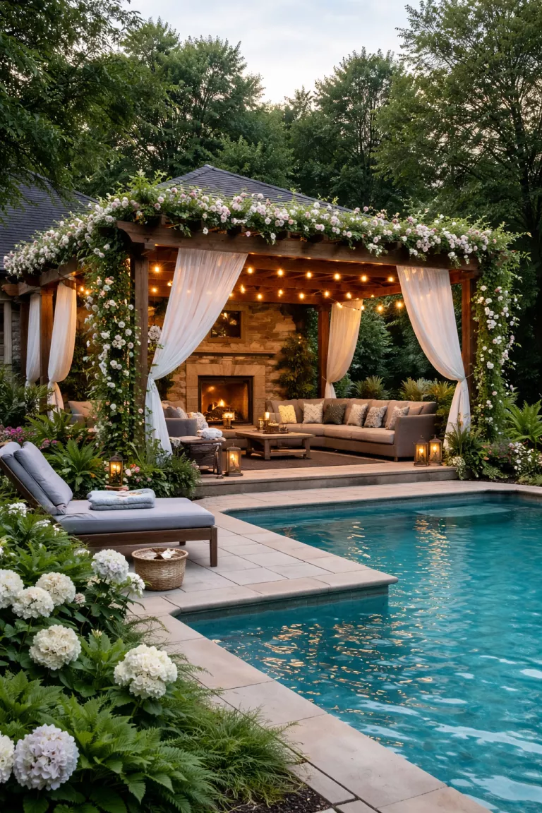 A realistic photo of a traditional American home's backyard showing a large wooden pergola pool house covered in flowering vines, with white fabric drapes blowing in the breeze and a built in seating area with string lights.