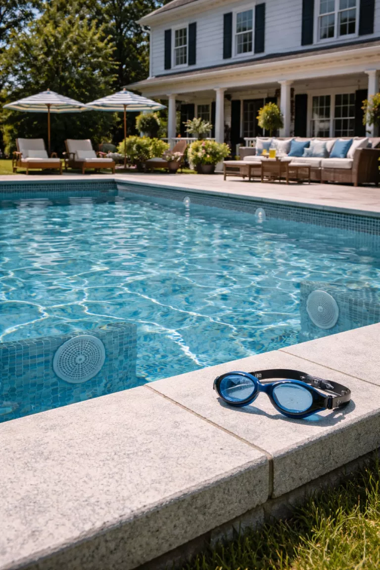 A realistic photo of a traditional American home's backyard showing a clear pool with subtle circular speaker grilles integrated into the side walls below the water line, ripples on the surface, and a pair of goggles sitting on the modern stone edge.