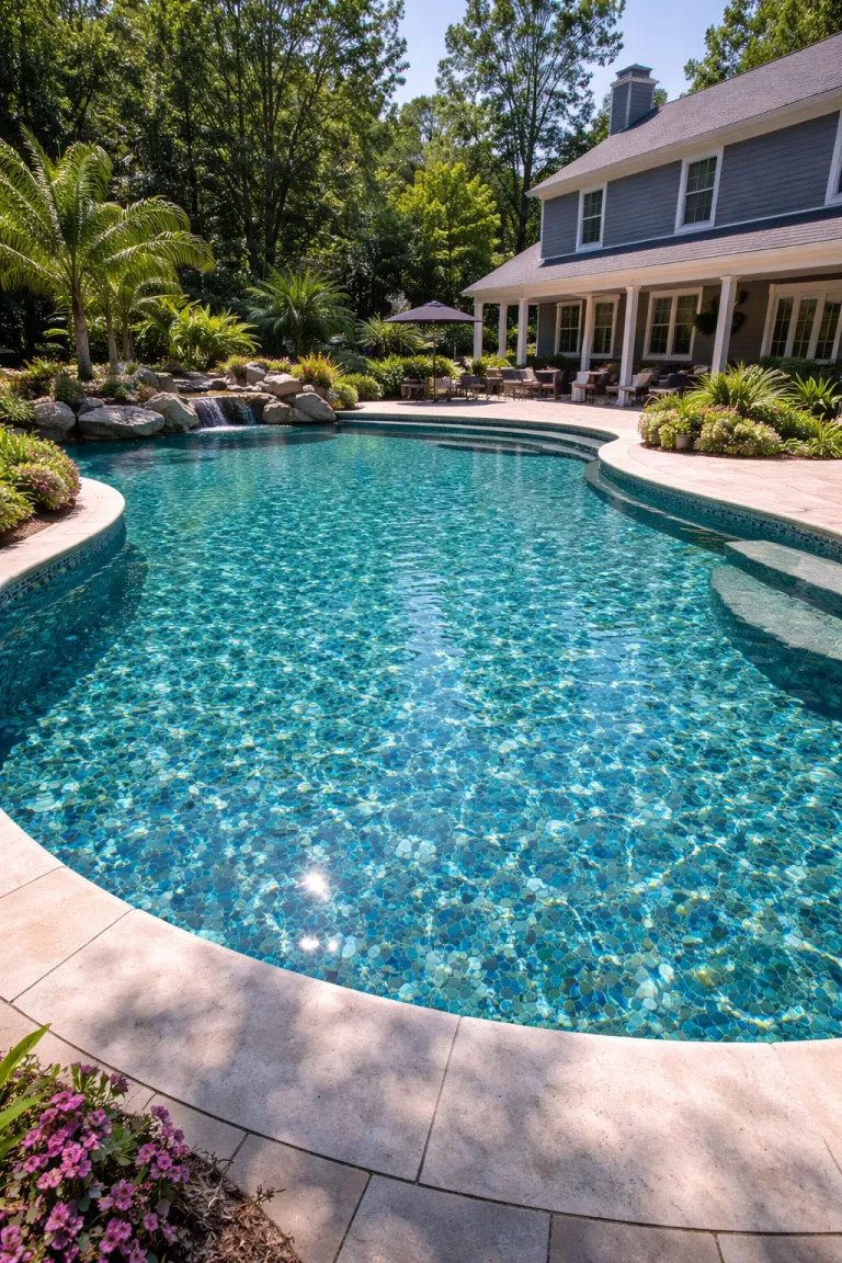A realistic photo of a traditional American home's backyard showing the interior surface of a pool made from polished blue and green recycled glass pebbles, the water sparkling under the sun, and smooth rounded edges blending into a light stone deck.
